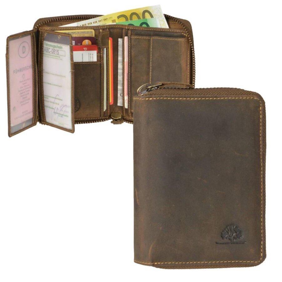 Portemonnaie Herren Leder antikbraun mit Reißverschluss & RFID | Greenburry Vintage Original Geldbeutel 821A-25