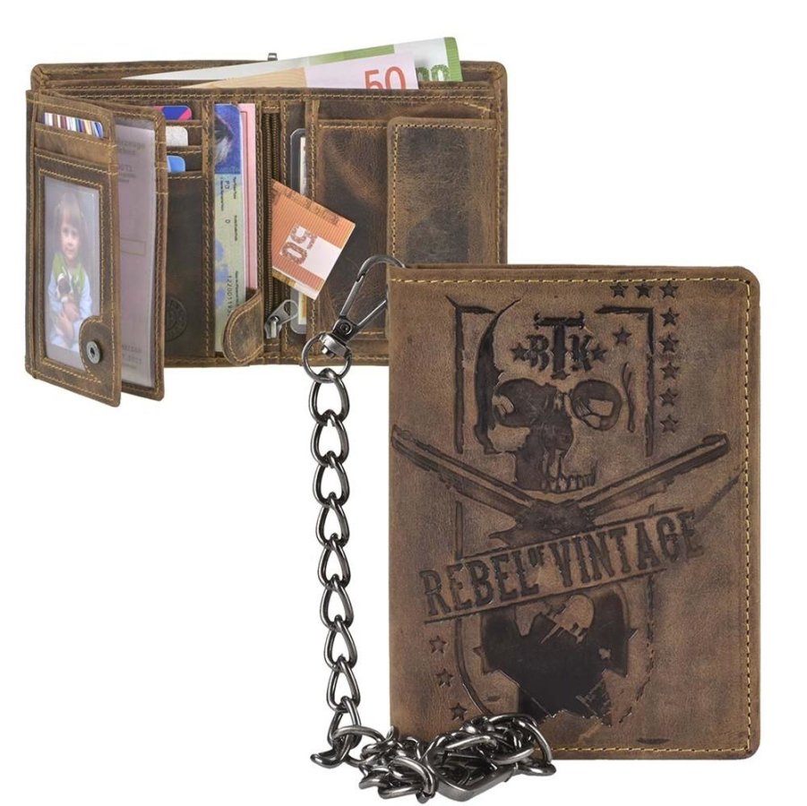 Geldbörse Leder 10x12cm mit Kette Rebel Skull 'Vintage' antikbraun SK-1796A-25 | Greenburry.de