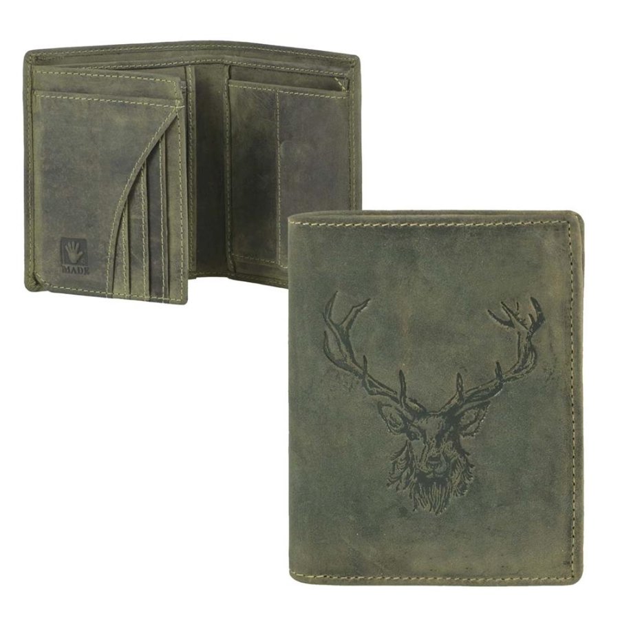 Geldbörse Leder 9x12cm mit Hirsch 'Vintage Hunting' oliv 1701-RS-30 | Greenburry.de