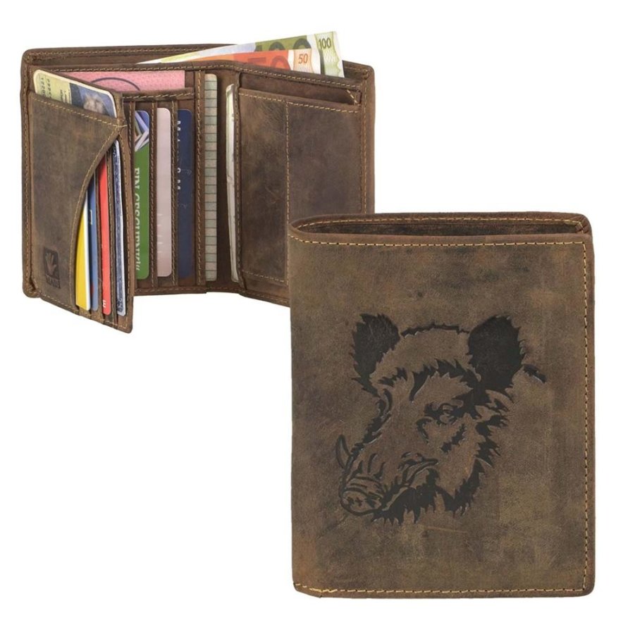Geldbörse Leder 9x12cm mit Keiler 'Vintage Hunting' antikbraun 1701-WILDBOAR-25 | Greenburry.de