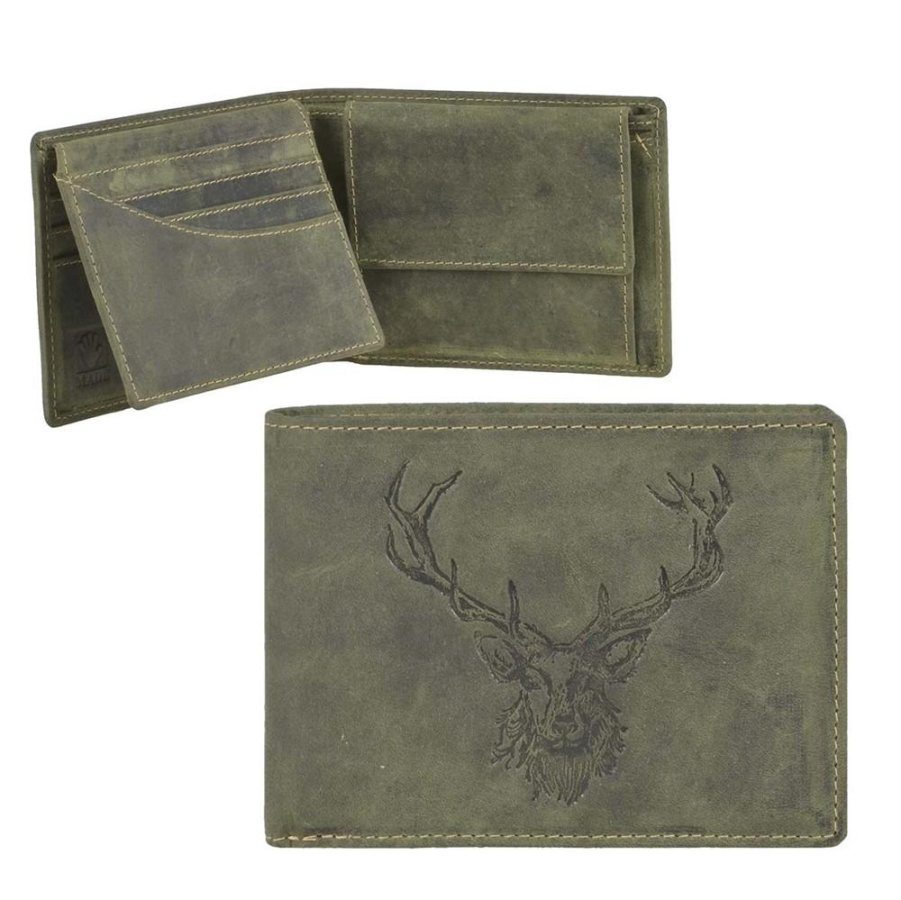 Geldbörse Leder 12x9cm mit Hirsch 'Vintage' oliv 1705-RS-30 | Greenburry.de