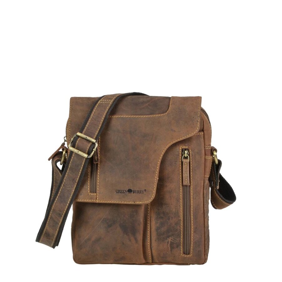 Greenburry Umhängetasche Herren Tablet A5 Hochformat Vintage Original – Leder antikbraun. Edle Schultertasche aus Rindleder online kaufen.