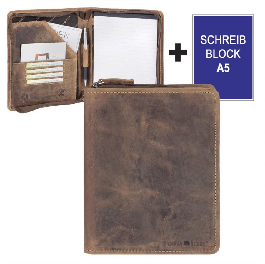 Schreibmappe A5 Leder mit Reißverschluss – Greenburry Vintage antikbraun – 1633