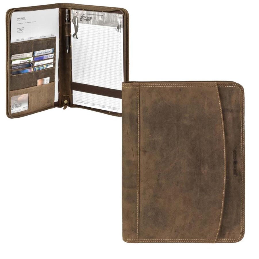 Schreibmappe A4 Leder mit Reißverschluss – Vintage antikbraun – Greenburry Konferenzmappe 1721-25