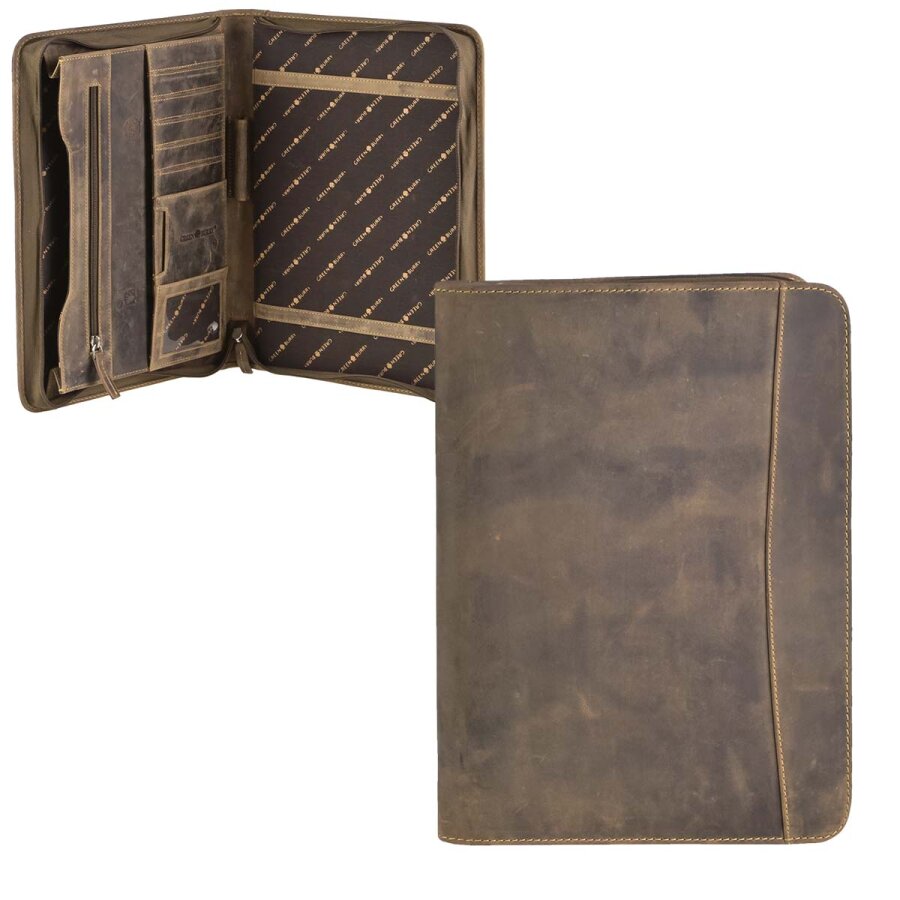 Schreibmappe A4 Leder mit Tabletfach & Reißverschluss – Vintage antikbraun – Greenburry Konferenzmappe 1721A
