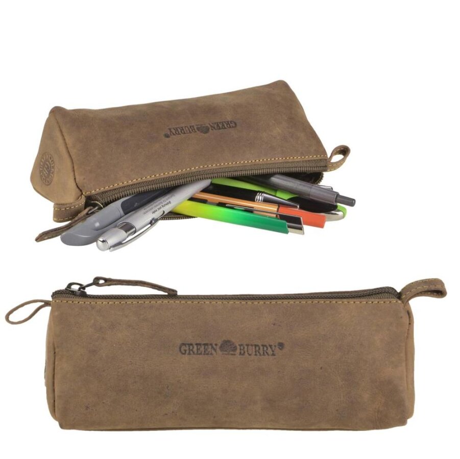Pencilcase II Leder antikbraun mit Standfunktion | Greenburry Vintage Original Federmäppchen für Büro Uni Schule 1789B-25