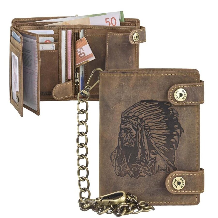 Kettenbörse Herren Leder antikbraun Native American Motiv | Greenburry Vintage Original Bikerbörse für Motorrad Reise Freizeit Outdoor 1796A-RI-25
