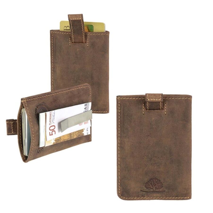 Kartenetui Herren Leder braun mit RFID-Schutz & Geldklammer | Greenburry Vintage Original Slim Wallet für Alltag Business Reise Freizeit 1614-25