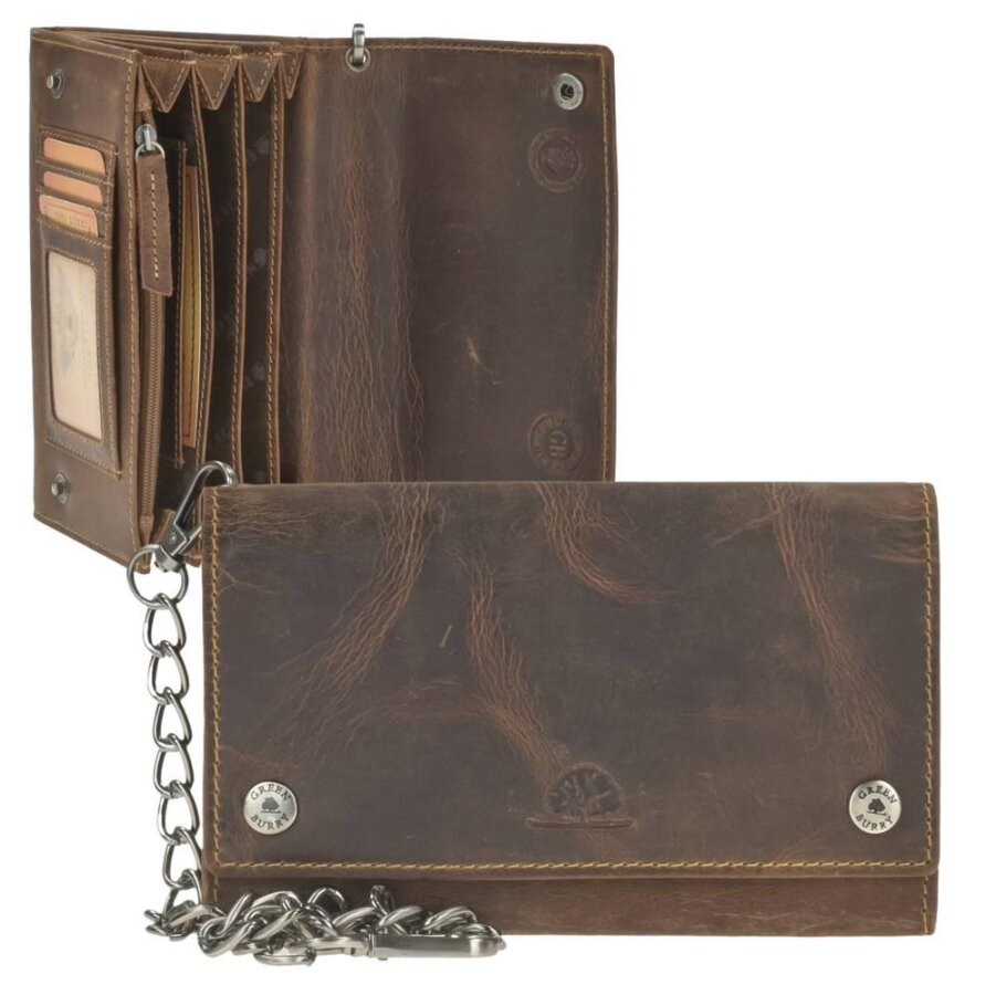 Kettenbörse Lang Leder antikbraun | Greenburry Vintage Biker Portemonnaie mit 43cm Kette & Reißverschluss 1820-S-25