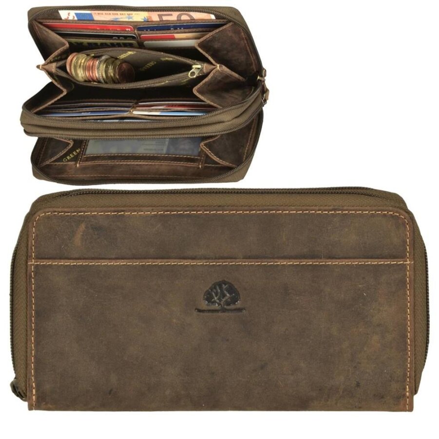 Damen Doppel-Langbörse Leder antikbraun mit Handyfach | Greenburry Vintage Original Portemonnaie 1831-25