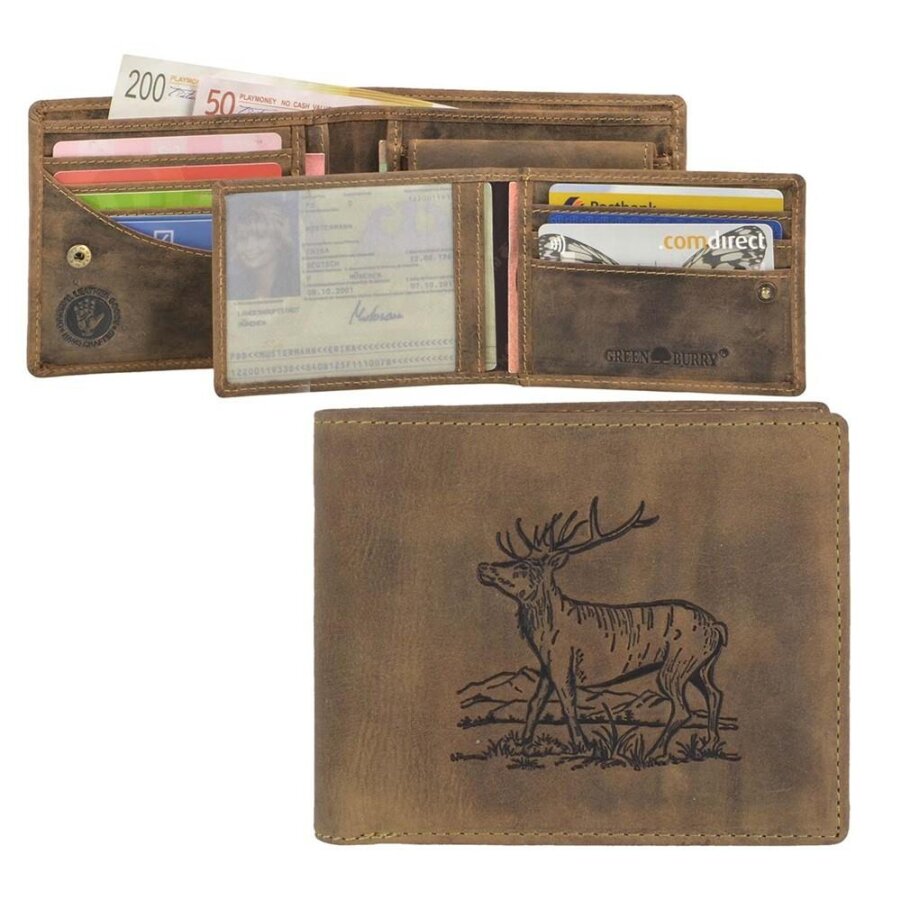 Geldbörse Herren Leder antikbraun Hirschprägung & herausnehmbares Ausweisetui | Greenburry Vintage Hunting Portemonnaie für Alltag Freizeit Jagd Reise