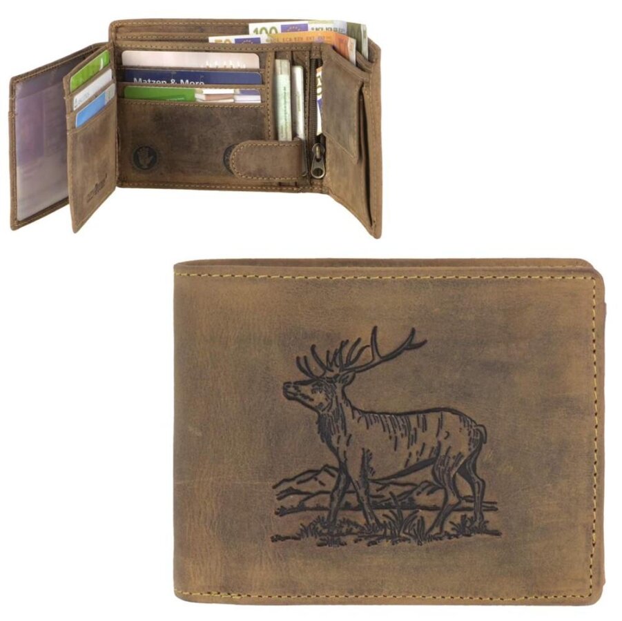 Portemonnaie Herren Leder antikbraun Hirschprägung & Sicherheitsfächer | Greenburry Vintage Hunting Geldbörse für Alltag Freizeit Jagd Reise 1796-STAG