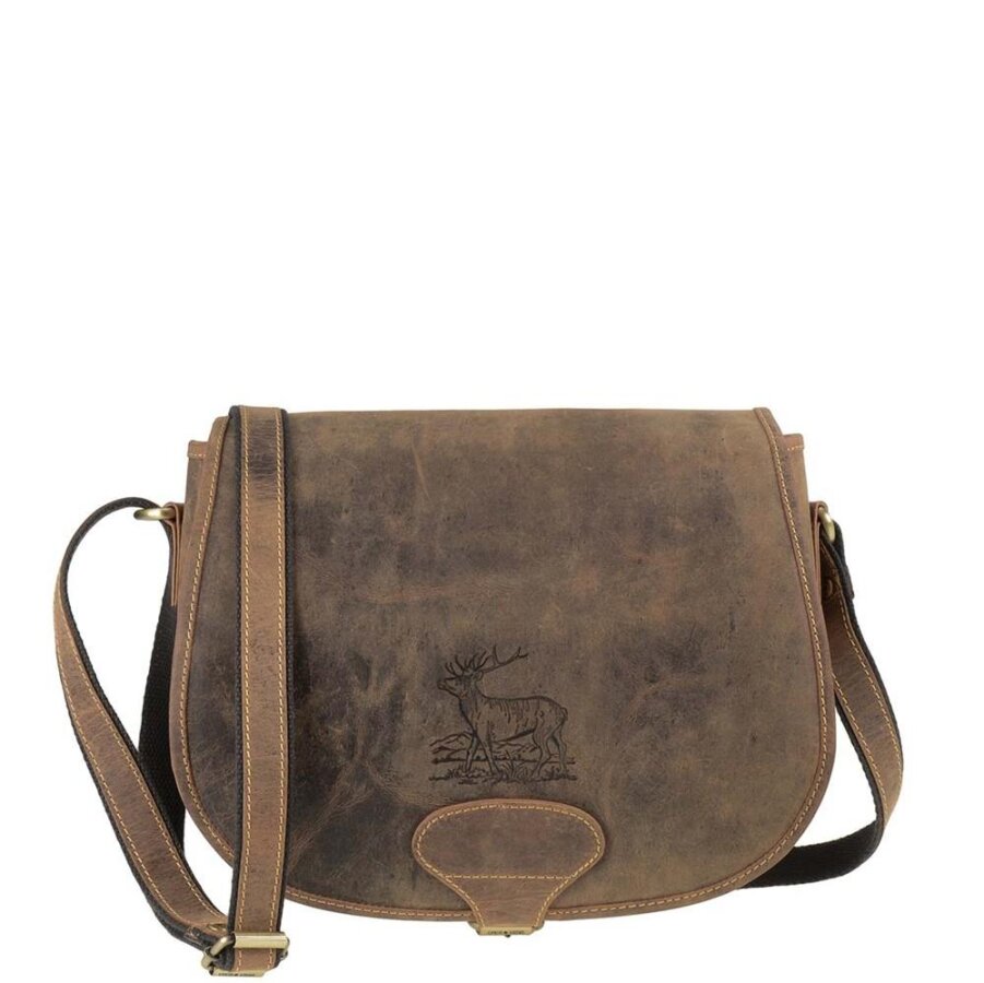 Jagdtasche Unisex Leder antikbraun mit Hirsch-Prägung & Schultergurt | Greenburry Vintage Saddle Bag für Jagd Freizeit Wandern Revier 1638-STAG3-25