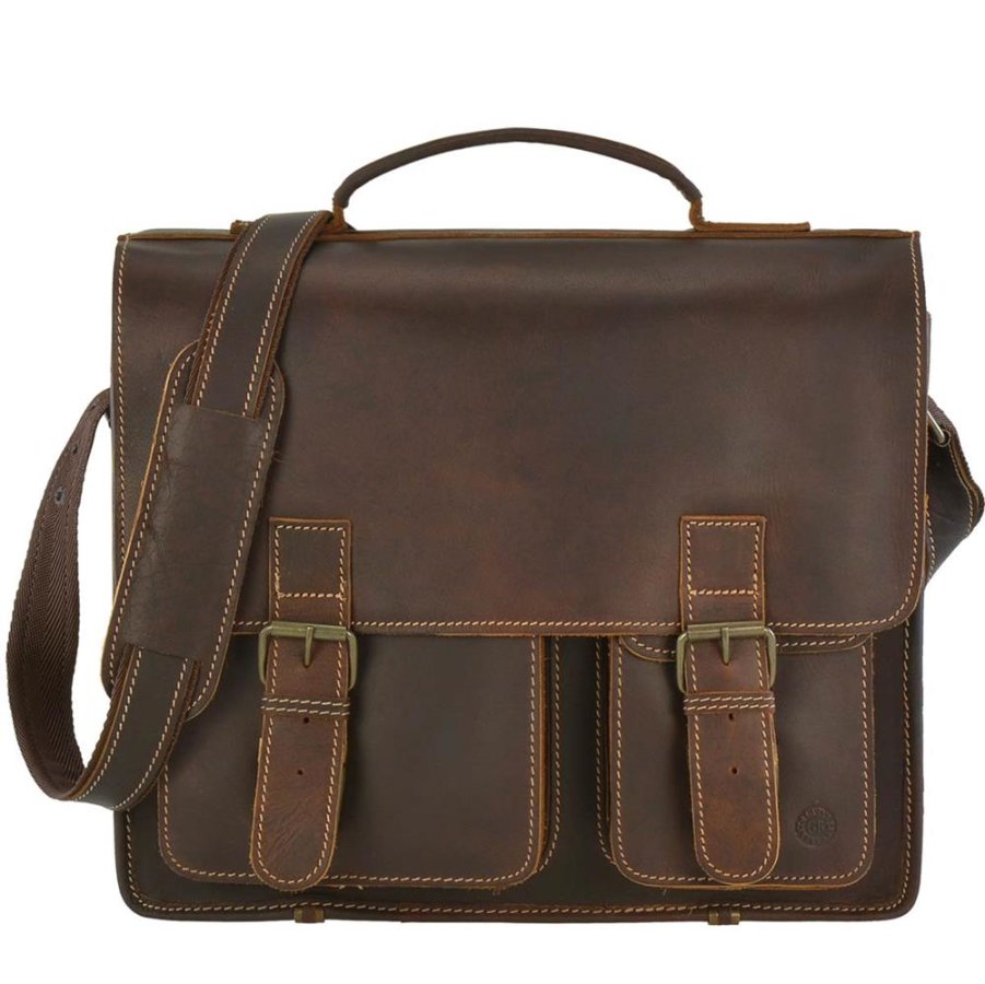 Greenburry Aktentasche Herren Damen Leder 39x33cm 'Buffalo' mit 2 großen Hauptfächern, A4 Ordner passt, Schultasche, Lehrertasche, braun