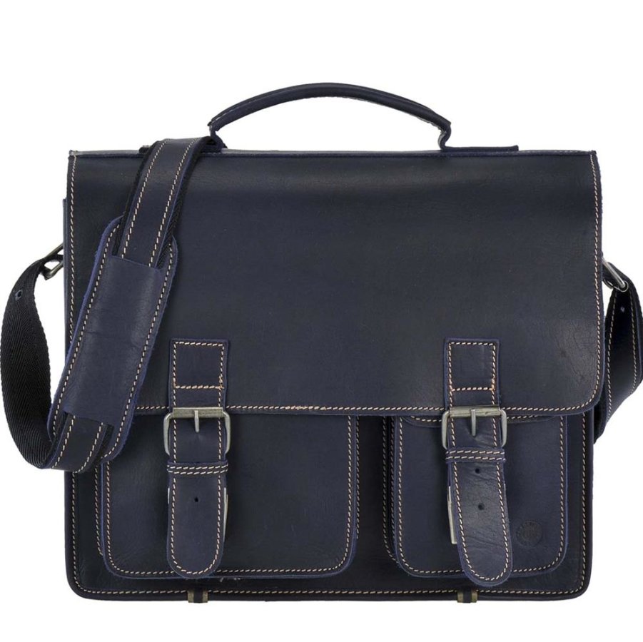 Greenburry Aktentasche Herren Damen Leder 39x33cm 'Buffalo' mit 2 großen Hauptfächern, A4 Ordner passt, Schultasche, Lehrertasche, blau