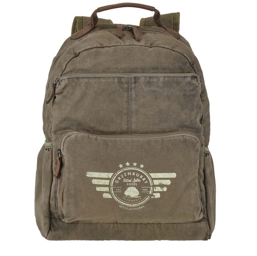 Rucksack Damen Herren Canvas khaki A4-Ordner Notebookfach | Greenburry Aviator Canvas-Rucksack für Business Uni Arbeit Reise 5908-30