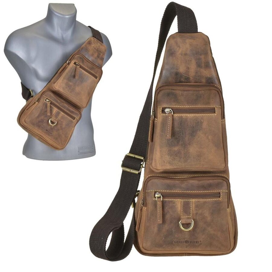 Crossbody Bag Leder 2 aufgesetzte Taschen Vintage – Leder antikbraun. Robuste Slingbag für Herren & Damen, ideal zum Radfahren & Reisen.