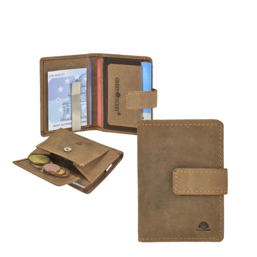 Kartenetui Herren Leder braun RFID-Schutz & elastisches Fach | Greenburry Vintage Original Mini-Geldbörse für Alltag Reise Freizeit Business 1642EP-25
