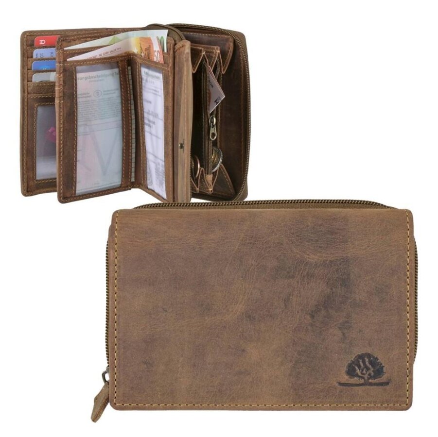 Geldbörse Damen Leder antikbraun mit RFID-Schutz | Greenburry Vintage Portemonnaie für Alltag Reise Freizeit Business 1607-25