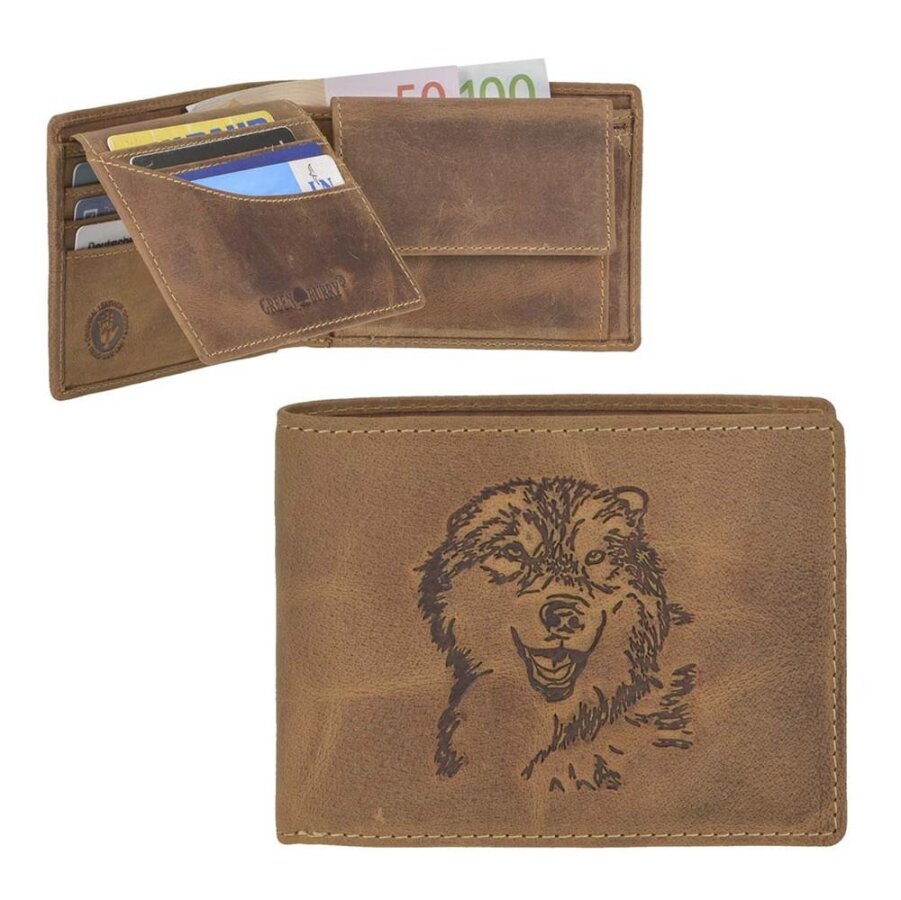 Portemonnaie Herren Leder antikbraun mit Wolf-Prägung | Greenburry Vintage Original Geldbeutel für Freizeit Hobby 1705-WULF-25