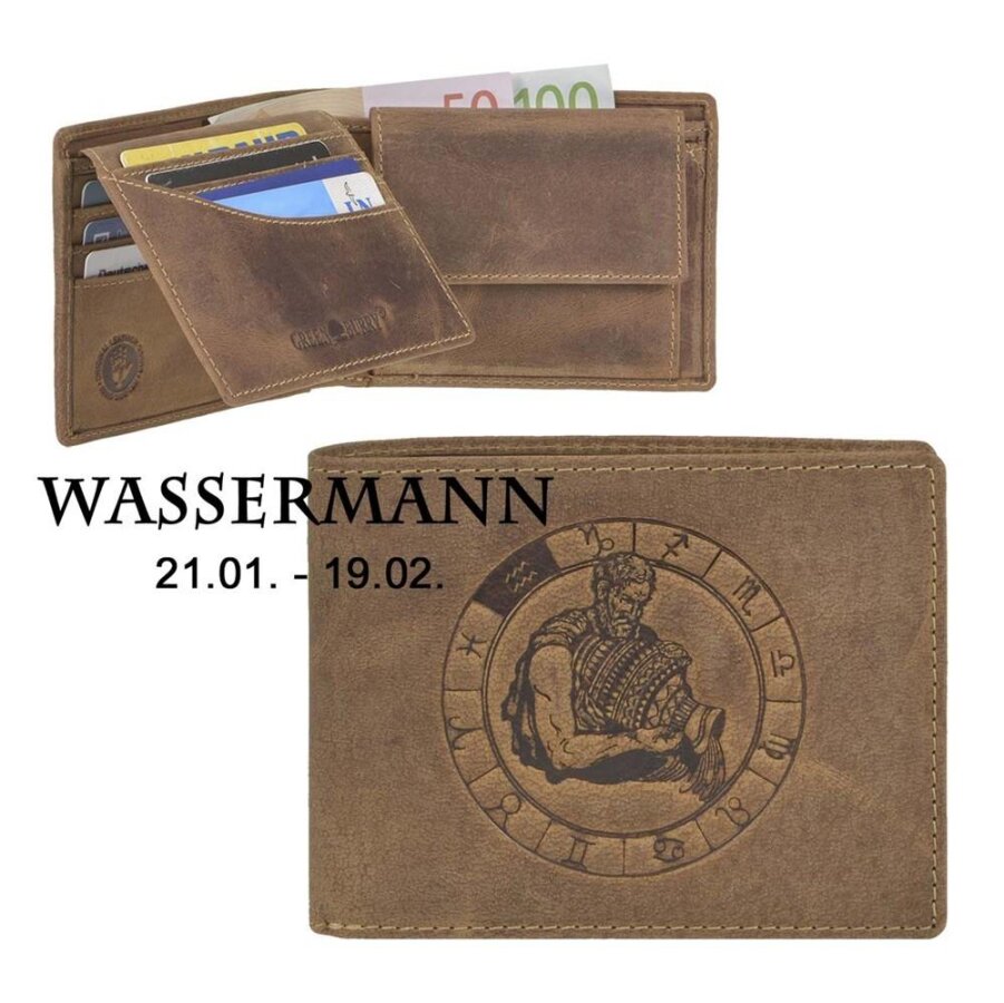 Geldbörse Leder 12x9cm 'Vintage' mit Sternzeichen Wassermann 1705 | Greenburry.de