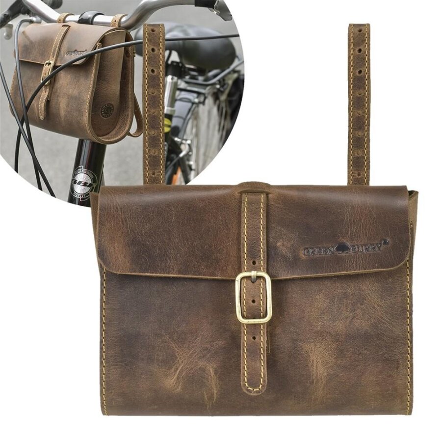 Große Fahrradtasche Vintage Leder braun 20x16cm | Greenburry Lenkertasche für Werkzeug und Flickzeug für den perfekten Retro Stil 1577-25