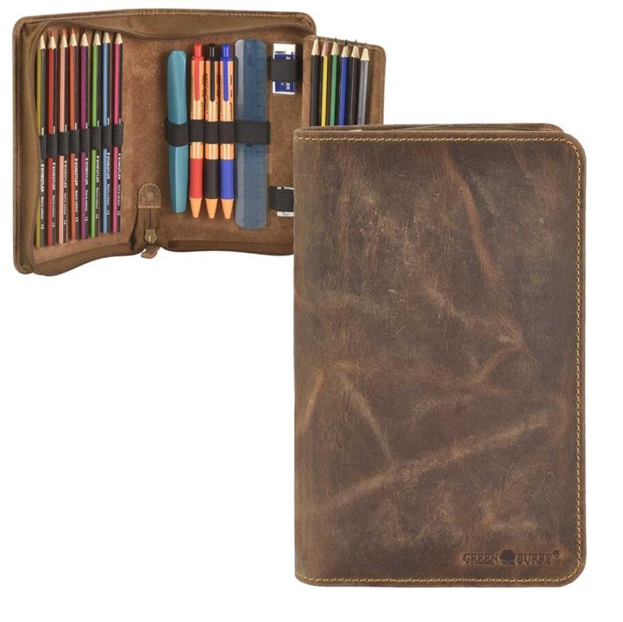 Stiftetui Unisex Leder antikbraun 17 Schlaufen & Klappe | Greenburry Vintage Original Federmäppchen für Büro Schule Uni Arbeit 1574-25