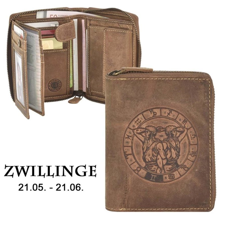 Reißverschluss Geldbörse 10x12cm Zwillinge 'Vintage' antikbraun 821A | Greenburry,de
