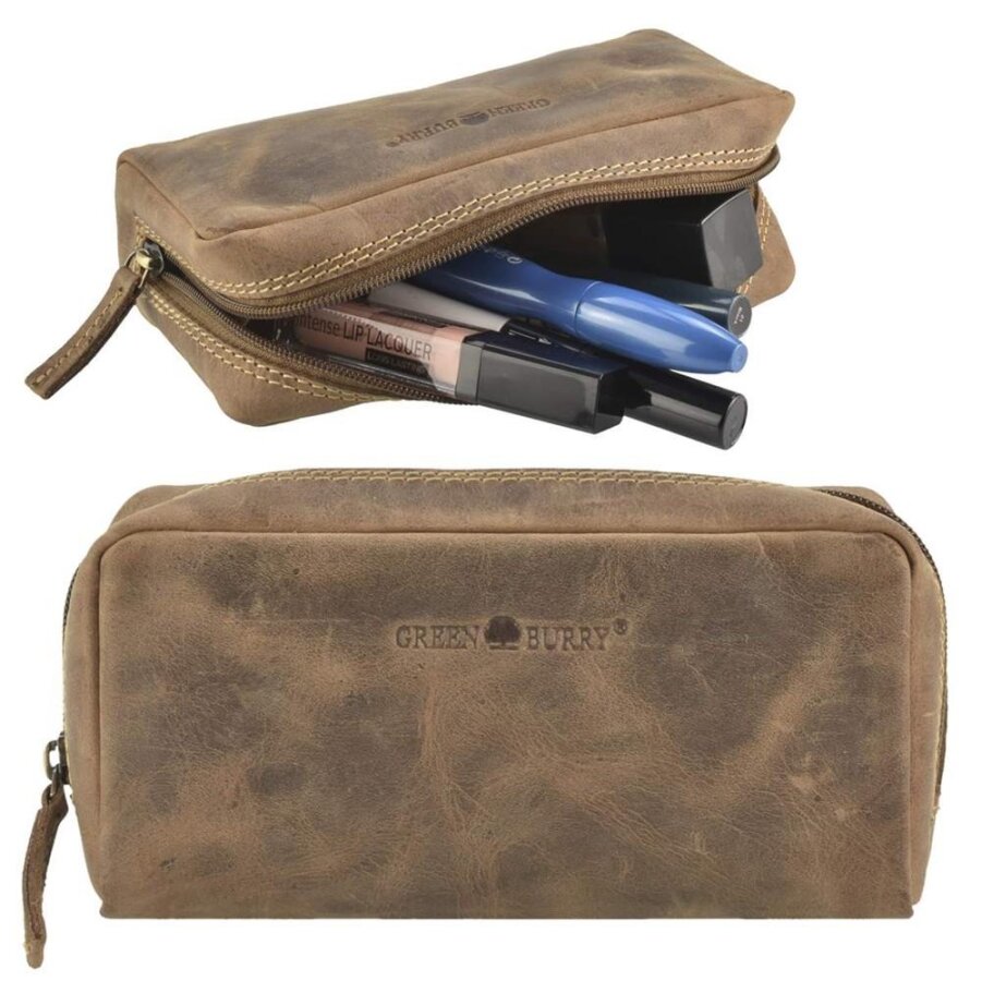 Kosmetiktasche Unisex Leder antikbraun geräumiges Hauptfach | Greenburry Vintage Original XL Stiftetui für Reise Bad Büro 1789C-25