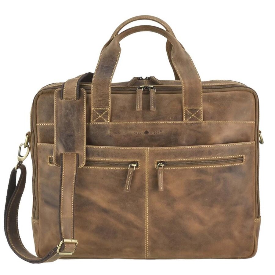 Aktentasche Herren Leder braun Notebookfach & 2 Hauptfächer | Greenburry Vintage Ledertasche Damen Herren Business Office Arbeit Schule 1572-25
