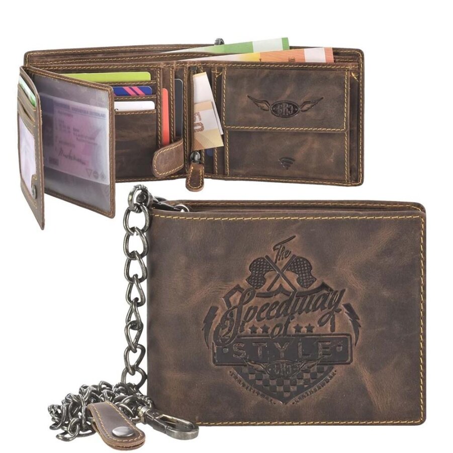 Kettenbörse Herren Leder braun RFID-Schutz Sicherungskette | Greenburry Dallas Racing Collection Portemonnaie Vintage 0839-25
