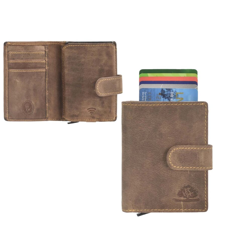 Kartenetui Herren Leder antikbraun mit RFID-Schutz & Münzfach | Greenburry Vintage Original Slim Wallet für Alltag 1686-25