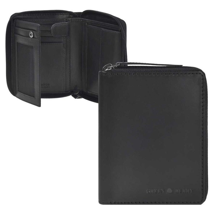 Geldbörse Herren mit Reißverschluss schwarz 10x13cm Leder mit RFID Schutz Portemonnaie Portmonee Geldbeutel Pure Black GREENBURRY (1126-20)