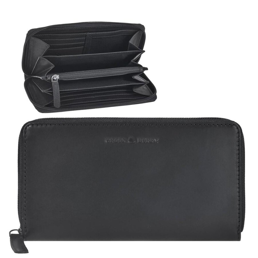 Geldbörse Damen Leder schwarz RFID-Schutz 11 Kartenfächer | Greenburry Pure Black Portemonnaie mit Rundum-Reißverschluss 1127-20