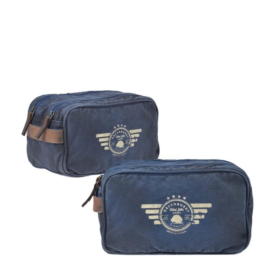 Greenburry Kulturbeutel Aviator Blue Edition Waschtasche. Robuster Kulturbeutel aus blauem Canvas & Leder online kaufen. Ideal für Reise & Sport.