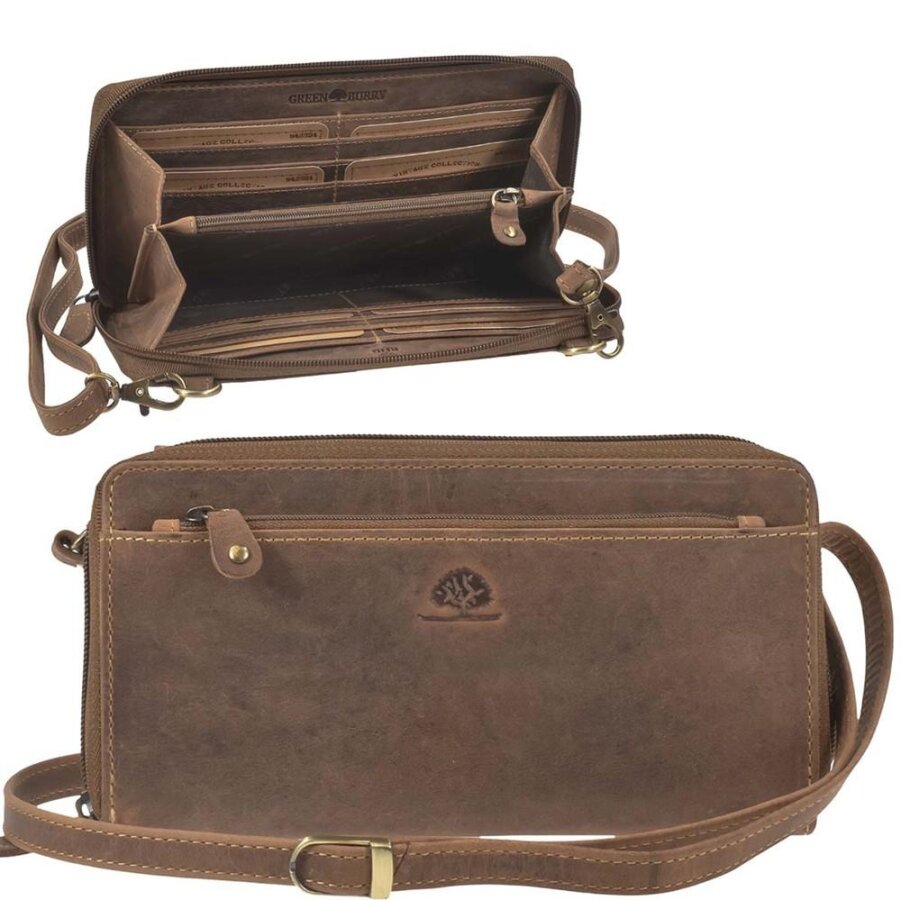 Geldbörse zum Umhängen Leder antik braun 21x11cm | Greenburry Vintage 1552-25