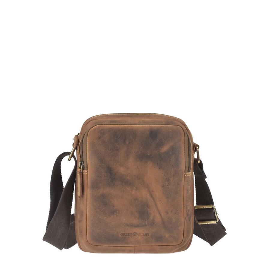 Greenburry Umhängetasche Herren A5-Format Vintage – Leder antikbraun. Diese kompakte Schultertasche ist der ideale Begleiter für Reise und Büro.