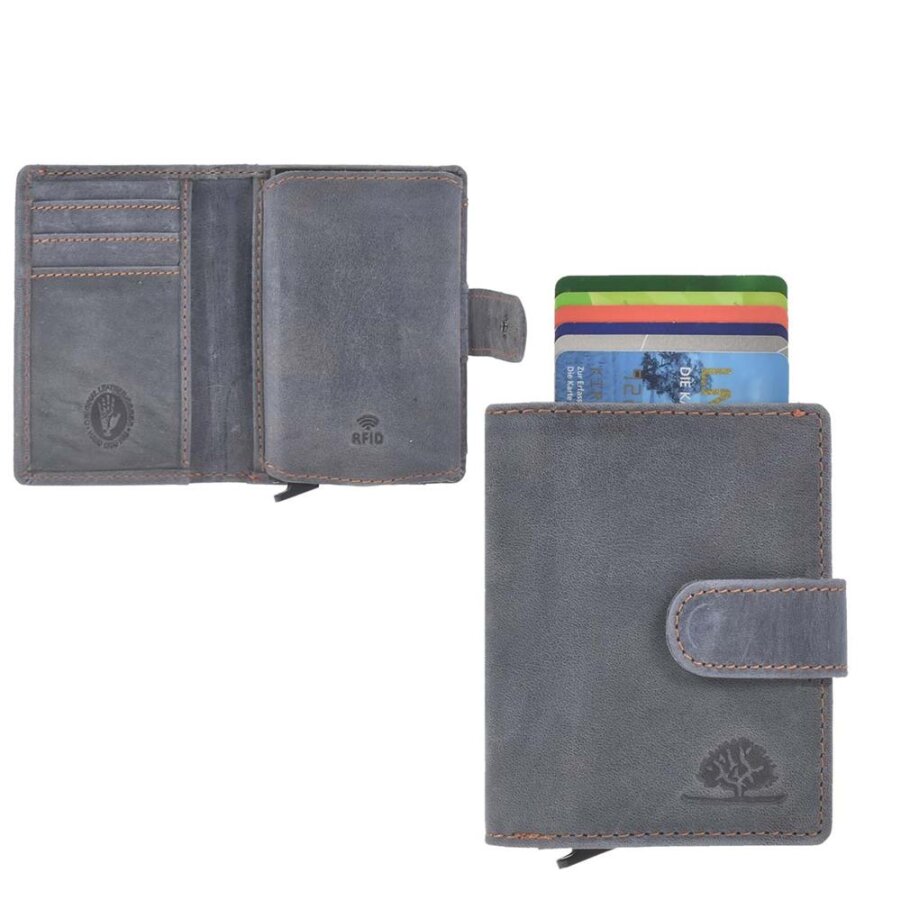 Kartenetui Herren Leder steel blue mit RFID-Schutz & Münzfach | Greenburry Vintage Original Slim Wallet für Reise 1686-27