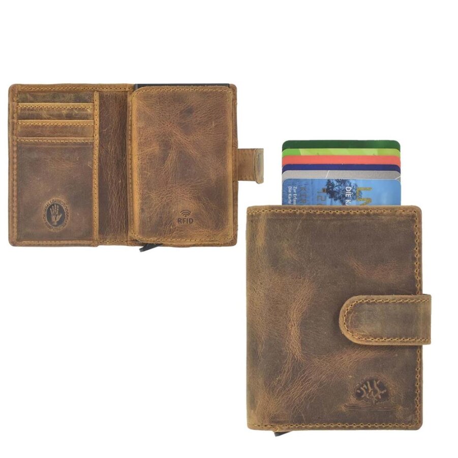 Kartenetui Herren Leder sahara tan mit RFID-Schutz & Münzfach | Greenburry Vintage Original Slim Wallet für Outdoor 1686-24