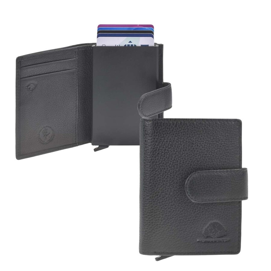 Kartenbörse Unisex Leder schwarz mit Münzfach & RFID-Schutz | Greenburry Vintage Mini-Portemonnaie für Reise Freizeit Alltag Business 1150