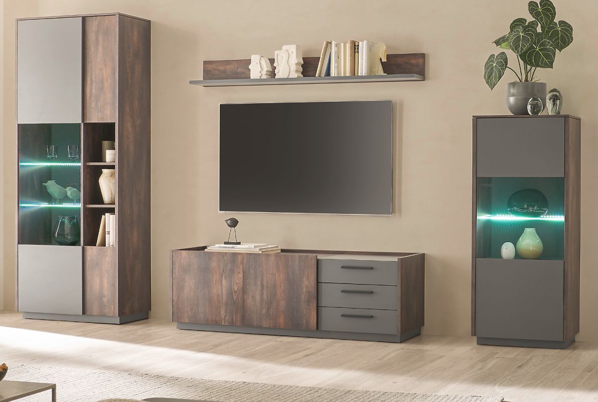 Wohnwand Piano in Eiche und grau 4-teilig 327 cm