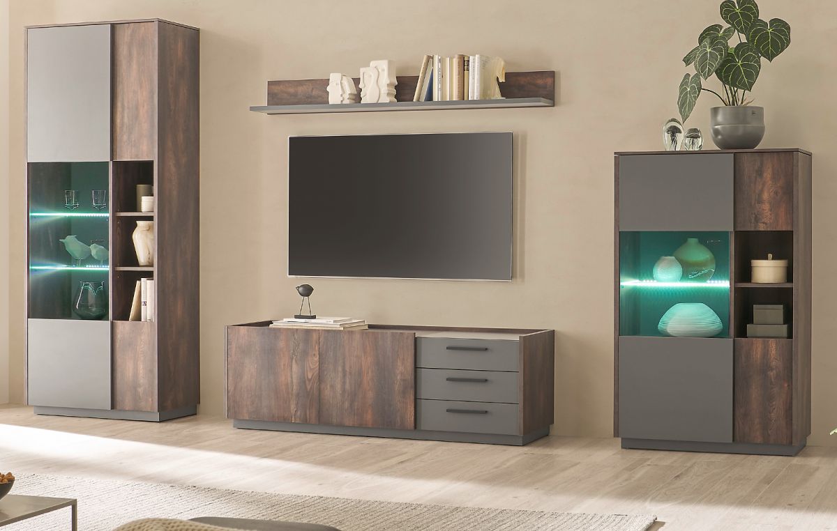 Wohnwand Piano in Eiche und grau 4-teilig 352 cm