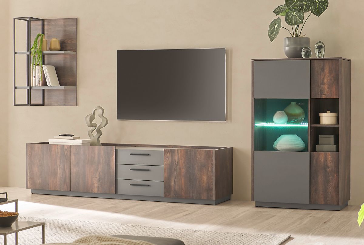 Wohnwand Piano in Eiche und grau 3-teilig 320 cm