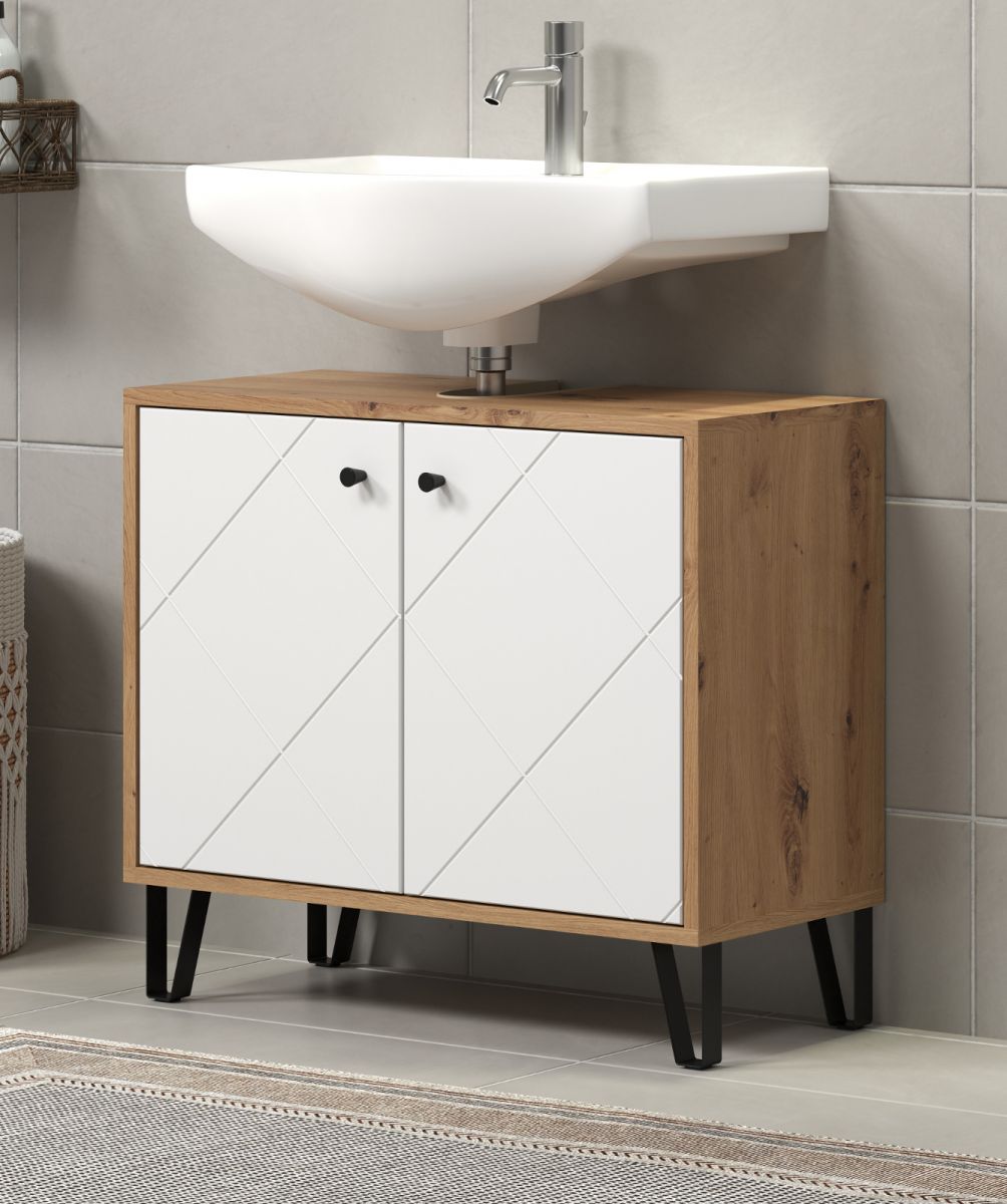Waschbeckenunterschrank Linea in weiß matt Lack und Eiche 69 cm