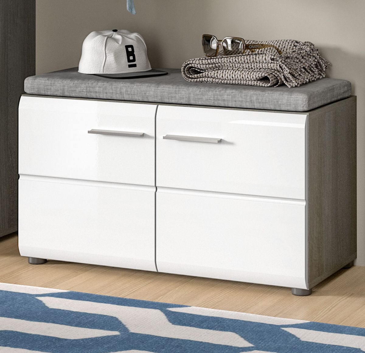 Garderobe Sitzbank Rumba in weiß Hochglanz und grau 80 cm