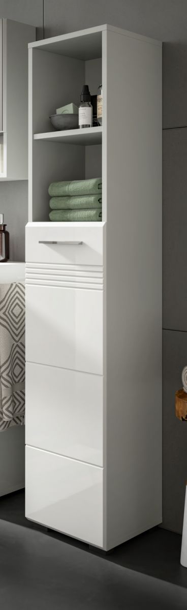 Badezimmer Hochschrank Carlo in weiß Hochglanz und grau 150 cm