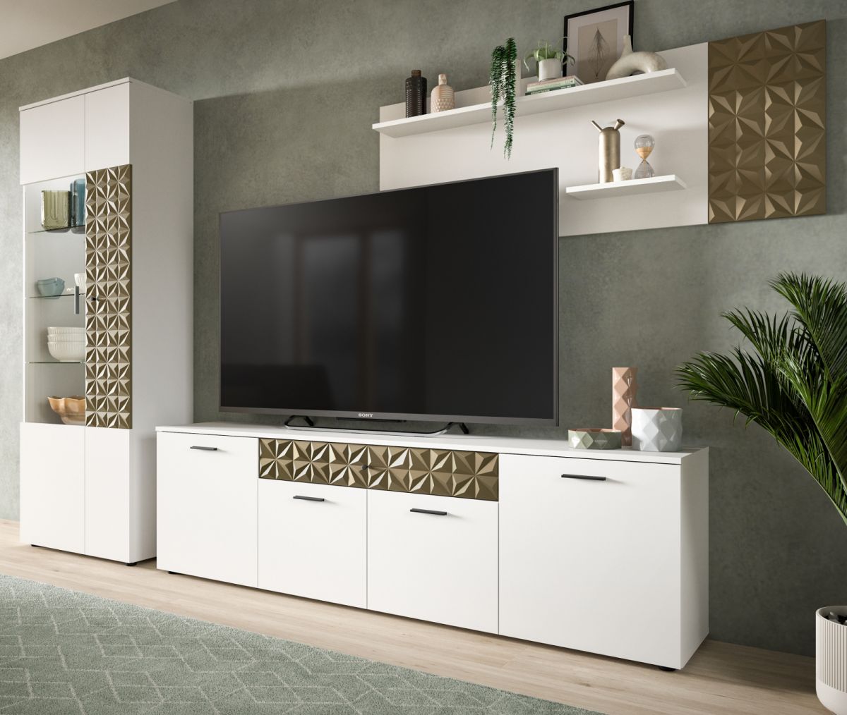 Wohnwand Relief in weiß und Gold 305 x 195 cm