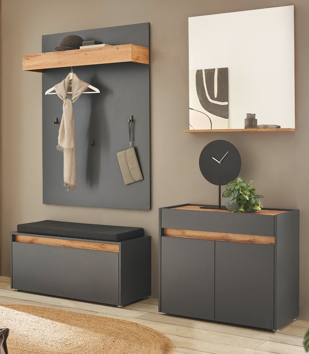 Garderobe Set 5-tlg. Center in grau matt und Eiche Wotan 190 x 200 cm