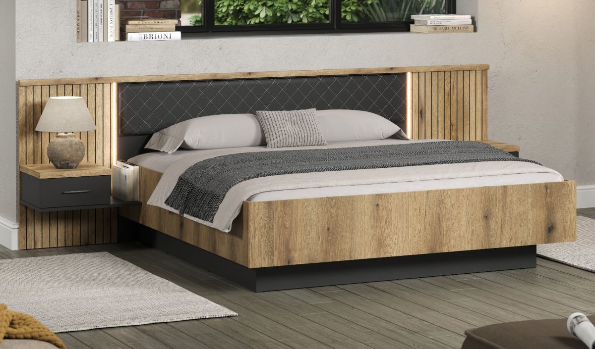 Bettanlage Esteban in grau und Eiche Evoke Bett 180 x 200 cm