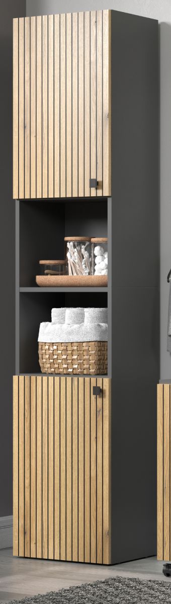 Badezimmer Hochschrank Bliss in Evoke Eiche und grau 40 x 186 cm